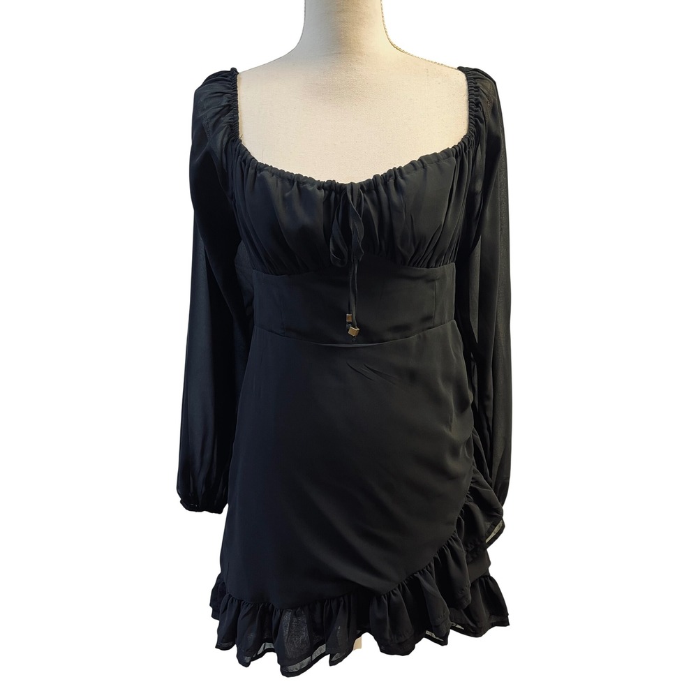 Showpo 8 Black Chiffon Mini Dress Milkmaid Whimsigoth Coquette Ethereal Party